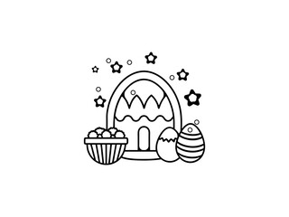 A simple, black and white line art illustration of an Easter basket filled with decorated eggs, with a stylized Easter bunny figure.