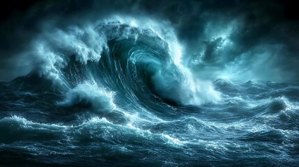 Powerful storm waves at night
