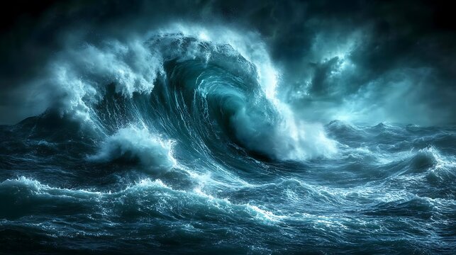 Powerful storm waves at night