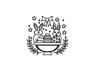 A simple, black and white line art illustration of an Easter basket filled with decorated eggs, with a stylized Easter bunny figure.