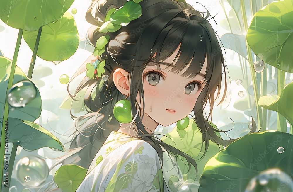 Aufkleber 蓮の葉と水滴に囲まれた魅力的な少女の肖像画 緑と白の夏の自然の中で笑顔の若い女性の絵画