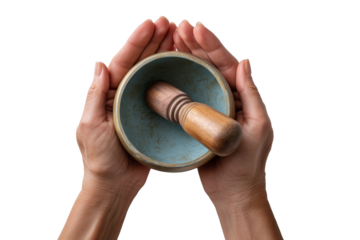 Resonant Stillness: Hands Holding a Singing Bowl and Wooden Mallet