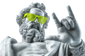 Mythical Maverick: Statue of Zeus Sporting Neon Sunglasses and Rock Sign