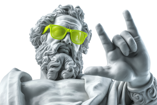 Mythical Maverick: Statue of Zeus Sporting Neon Sunglasses and Rock Sign