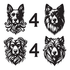 create 4 dog head silhouette vector on white background 