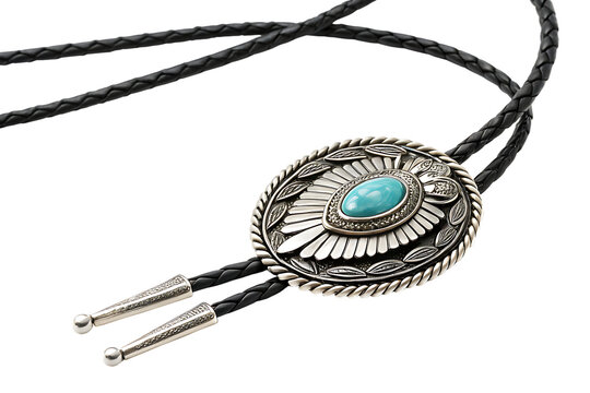 Silver bolo tie with turquoise stone on White background western fashion PNG