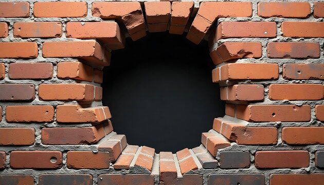 Hole on a broken brick wall background, Hope and freedom concept, old red brick wall with black hole background, created with generative ai