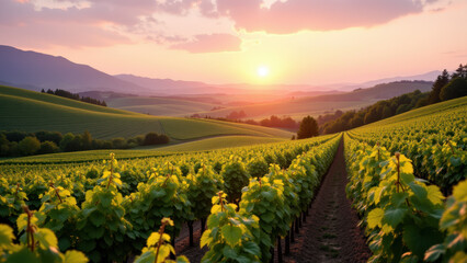 Fototapeta premium A picturesque vineyard at sunrise with rolling hills and a clear sky.