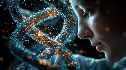 A woman is looking at a DNA strand