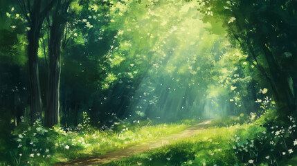 Fototapeta premium RPG game map, sunlit path winds through a vibrant forest, creating a serene and enchanting scene