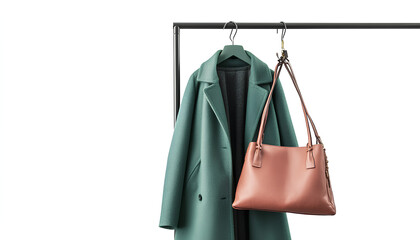 Metal stand with green coat and bag isolated on white