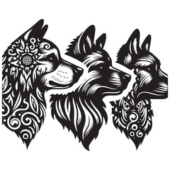 create 4 dog head silhouette vector on white background 