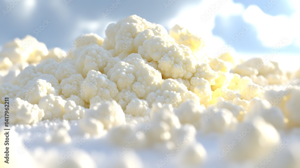 Poster close-up of a textured, white substance resembling a cluster of small, round shapes against a bright