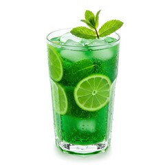 Refreshing Green Cocktail with Lime Slices, Mint Sprig and Ice Cubes - Summer Beverage
