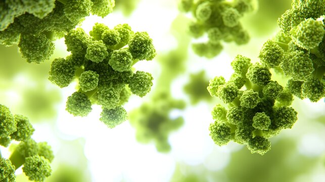 Microscopic view of vibrant green virus cells, intricately detailed, floating against a soft, light green background.  High-resolution 3D rendering of a viral structure.