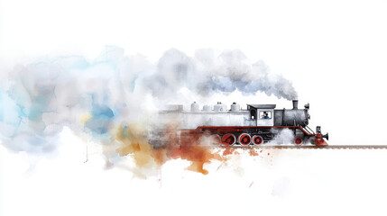 vintage steam locomotive illustrated in watercolor, surrounded by colorful smoke