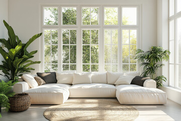 Large window floods light onto white couch in airy living room.