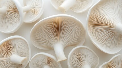 Close-up view of several white mushrooms arranged on a white background.  The delicate gills and textures of the fungi are prominently displayed.  A minimalist and elegant image.