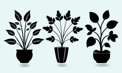 Set of Black Silhouette Potted Plants Decorative Botanical Vector Illustration