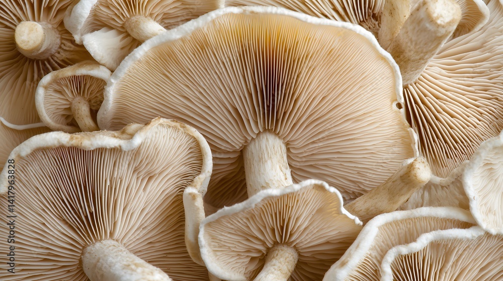 Poster close-up shot of multiple pale beige mushrooms clustered together, showcasing their intricate gill s