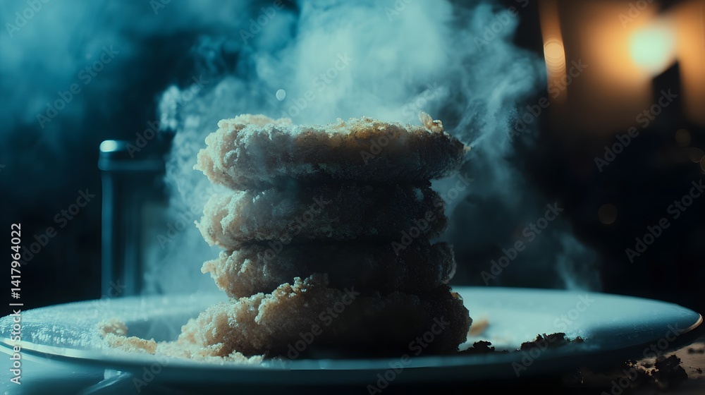Poster A stack of four golden-brown, deep-fried doughnuts sits on a plate, steaming in a dark, moody atmosphere. The image emphasizes texture and contrast, creating a visually appealing and appetizing scene.