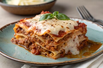 Lasagna slice on a plate, with cheese melting over edges, isolated on neutral backdrop