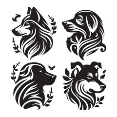 create 4 dog head silhouette vector on white background 