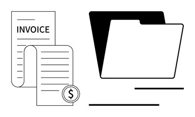 Invoice with currency icon beside an open file folder. Ideal for finance, accounting, billing, documentation, organization, record management, or budgeting. Flat simple metaphor