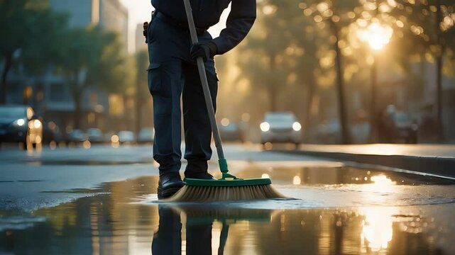 City Worker Sweeping Wet Street with Broom During Sunrise in Urban Area for Cleanliness and Public Services

