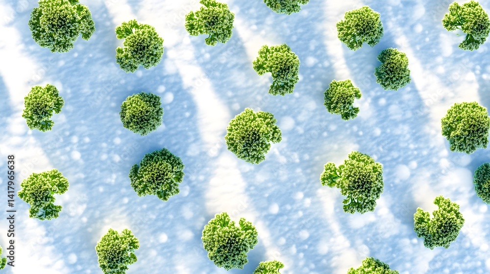 Poster aerial view of numerous small, vibrant green plants arranged on a light blue, textured background, c