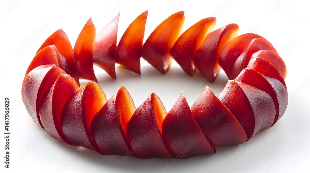 Poster a vibrant ring of thinly sliced, translucent red fruit arranged in a spiral pattern. the glossy text