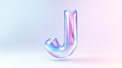 The letter J, rendered in a transparent, iridescent, and vibrant style, floats against a soft pastel gradient background