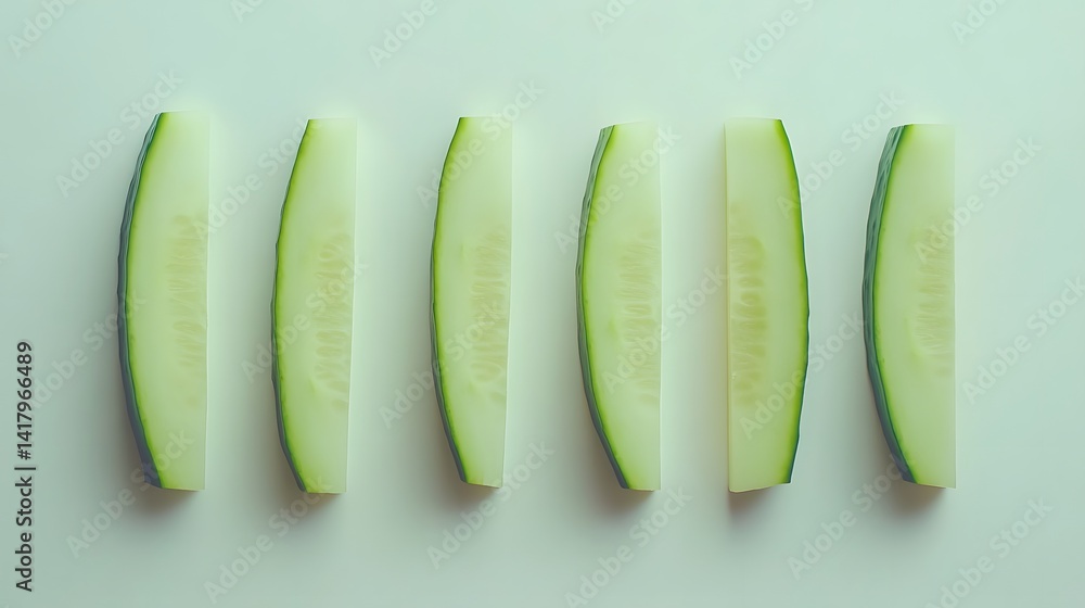 Aufkleber six uniformly sliced segments of fresh cucumber arranged in a row against a minimalist off-white bac