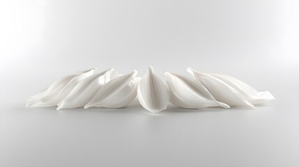 Five peeled garlic cloves arranged in a row against a clean white background.  Minimalist, elegant, and perfect for culinary or health-related content.