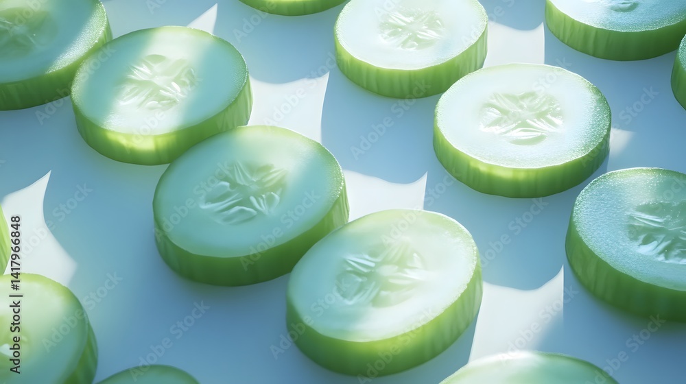 Poster close-up shot of fresh cucumber slices arranged in a pattern on a light blue background. sunlight cr