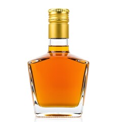 Premium Amber Liquor Bottle with Golden Cap Elegant Drink, Alcohol, Whiskey, Cognac, Spirits, Isolated on White Background.