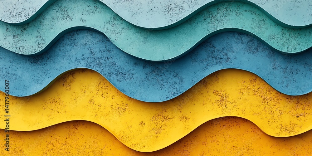 Poster layered wavy texture in vibrant blue and yellow hues creates a dynamic abstract background perfect f