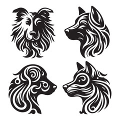 create 4 dog head silhouette vector on white background 