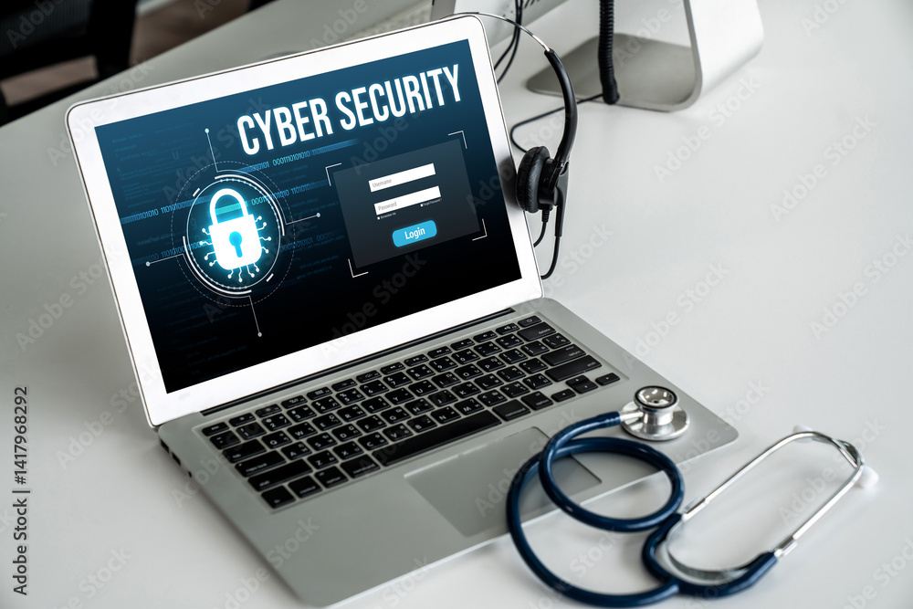 Poster cyber security system on computer screen protect private information snugly from hacker and cyber at