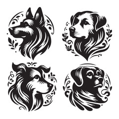 create 4 dog head silhouette vector on white background 