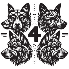 create 4 dog head silhouette vector on white background 