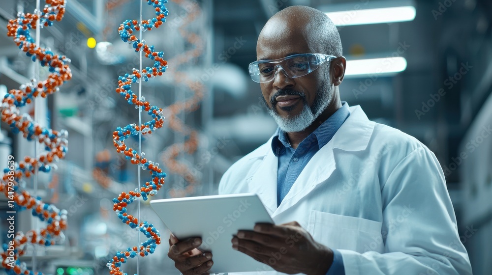 Poster a man in a lab coat is holding a tablet and smiling