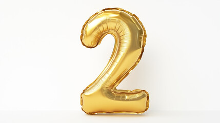 A shiny golden number "2" balloon in a studio setting. It is perfect for milestone events or birthday celebrations. 