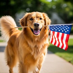 happy golden retriever dog holding American flag in mouth