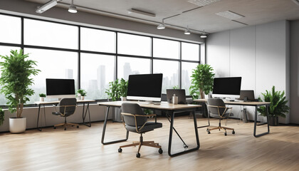 Modern office interior with large windows, wooden floor, desks, computers, chairs, and plants. 