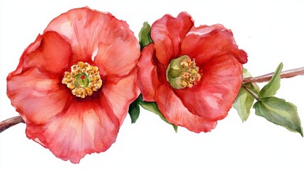 Scarlet quince blossoms burst forth in watercolor glory a vibrant floral duo
