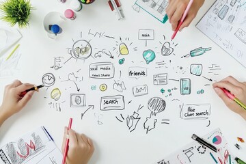 Collaborative brainstorming session, hands sketching ideas on white paper, with business concepts in background