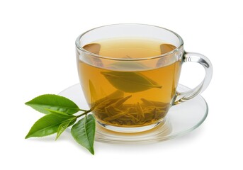Clear glass cup and saucer filled with green tea and floating leaves with fresh tea leaves beside on white background