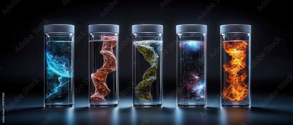 Poster a row of five glass vials, each containing a different color of liquid