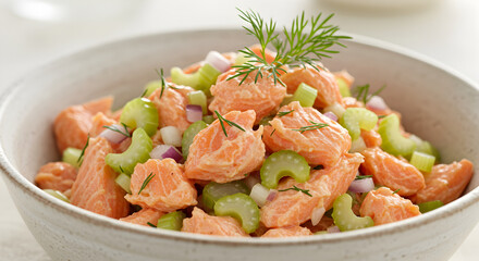 Colorful Salmon Salad With Celery Onion And Fresh Dill